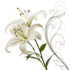 Elegant white lily flowers with decorative swirls floral design element for invitations and cards isolated on white background
