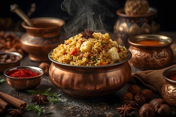 Traditional Indian Biryani Served in a Copper Pot