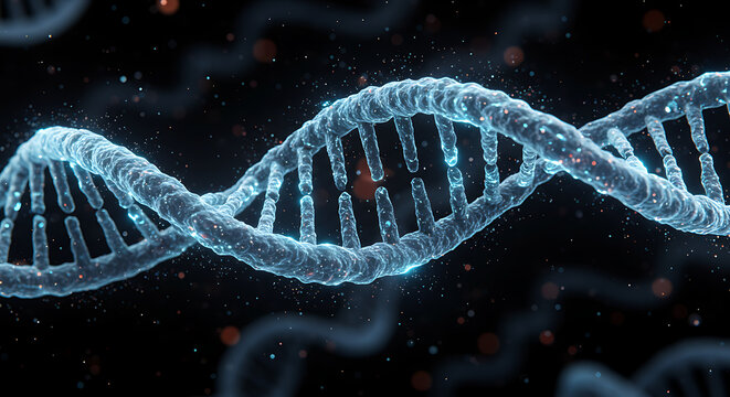 digital dna double helix structure with glowing blue strands in dark scientific background