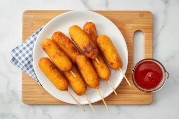 Top view of delicious golden corn dogs on a plate with ketchup and a checkered napkin on a wooden board.