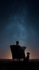  A man reads a newspaper, sitting in an armchair with a faithful companion dog Under a huge starry night sky at dusk, with a soft glow of the horizon and a peaceful atmosphere.