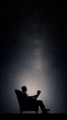 Silhouette of a man sitting in an armchair and reading a newspaper under a huge starry night sky, with cosmic light and a peaceful atmosphere of minimalism