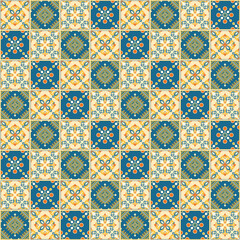 Seamless geometric tile pattern in Mediterranean style with indigo blue, cream, and orange colors. Ideal for ceramic floor, kitchen backsplash, Moroccan, or Portuguese Azulejo backgrounds.