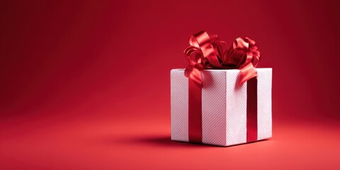 The Gift Box with Red Ribbon and Bow on Festive Red Background