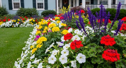 Fototapeta premium Beautiful brick pathway leading towards a suburban home, framed by blooming flowers and lush greenery at sunset. (4).jpeg
