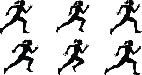 Running silhouette sequence showing athletic woman in motion with ponytail hairstyle demonstrating jogging fitness exercise speed training sport activity