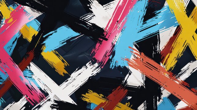 Vibrant abstract art with bold brush strokes in energetic pink, yellow, blue, and white against a dark background.