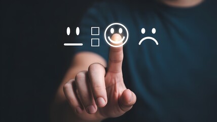customer satisfaction feedback concept with person selecting happy face emoji rating