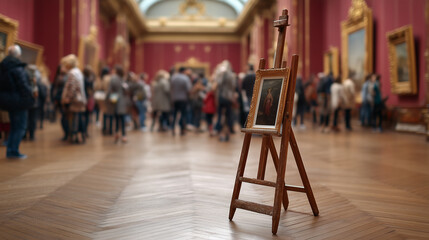 A painting on an easel in the hall of an art museum.In the foreground, an antique painting in a gilded frame is mounted on a wooden easel, and in the background, many visitors view works of art.