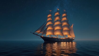 Majestic historic sailing ship cruises on calm dark ocean at night. Tall vessel with many sails illuminated, casting warm golden light on water. Distant stars fill serene night sky, inspiring