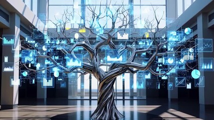 A digital tree in a modern interior displays glowing data visualizations - Powered by Adobe