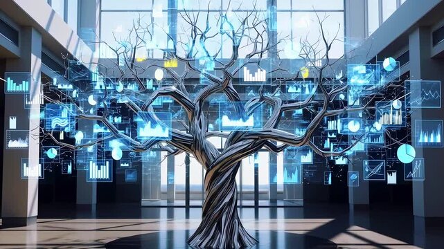 A digital tree in a modern interior displays glowing data visualizations