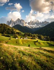 Picturesque alpine valley at sunset