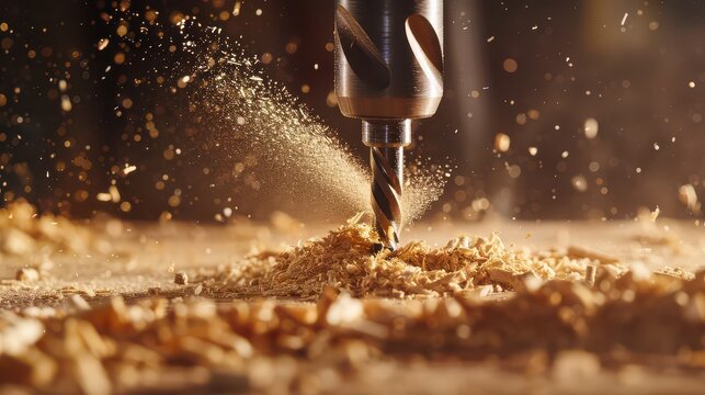 Powerful industrial drill bit precisely carves through wood, creating dynamic sawdust clouds and showcasing precision craftsmanship in action.
