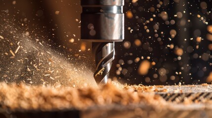 Precision drilling machine creates intricate wood shavings flying dynamically in a workshop, showcasing industrial craftsmanship and detail.
