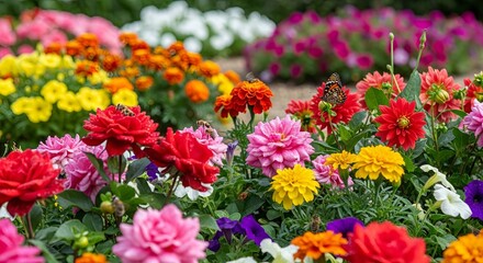 Vibrant Garden A Colorful Tapestry of Flowers in Full Bloom, Bursting with Life and Beauty in a Diverse Floral Display