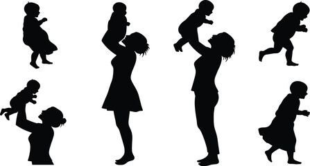 Silhouette family playing together, parent lifting child, running and walking kids, love care relationship, childhood activity, parenting bond, happy vector illustration