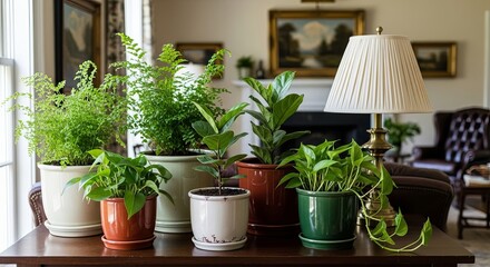 Indoor Plant Collection Displayed on Wooden Table Near Window in Comfortable Living Room Setting