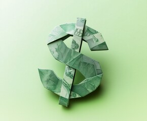 a dollar sign made of banknotes on a light green background, for financial design and advertising. Origami dollar sign. The dollar symbol made of paper money
