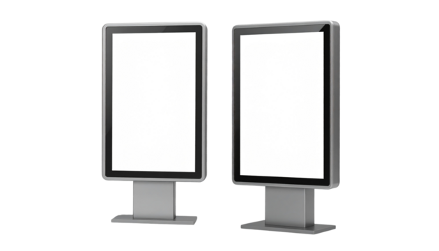  Professional digital signage stand in a realistic 3D style with a blank screen ready for content placement, isolated on transparent background.