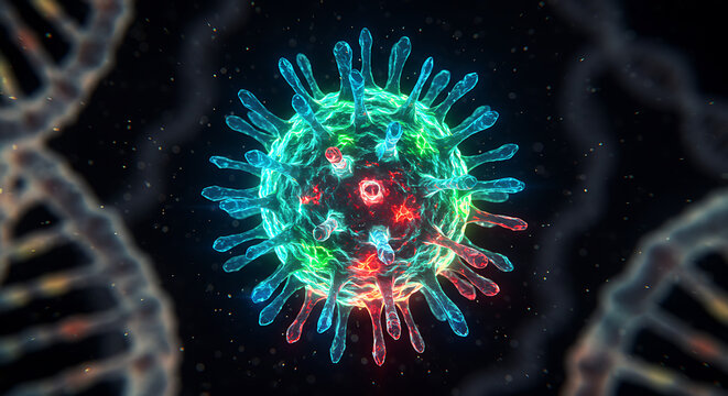 digital virus particle with spike proteins and dna strands in glowing medical background