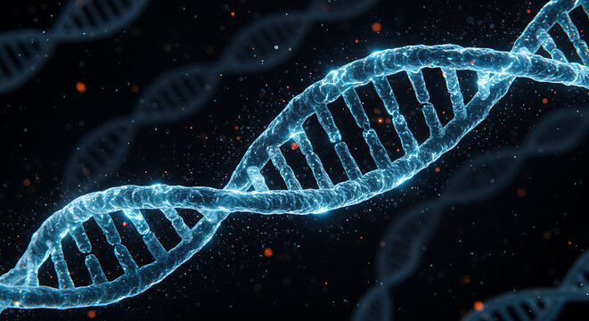 digital dna double helix structure with glowing blue strands in dark scientific background