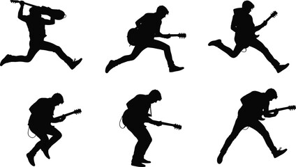 Silhouette guitarist playing electric guitar, rock concert performance, energetic musician jumping, dynamic stage movement, live music passion, artistic vector illustration design
