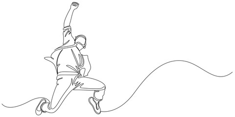 Young man jumping  in continuous line art drawing style, Continuous one line drawing. Happy jumping man. Vector illustration.
