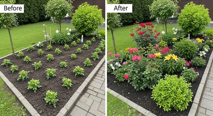 Obraz premium Captivating garden evolution from initial planting to a vibrant floral oasis, showcasing stunning growth and successful landscape design