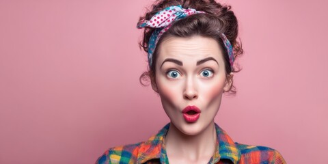 The Woman in Colorful Headscarf and Plaid Shirt Expressing Surprise with Wide Eyes