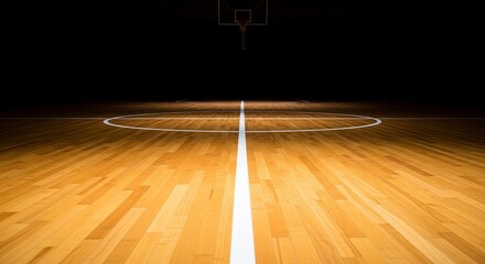 A brightly lit wooden basketball court stretches into the darkness, highlighting the half-court line and hoop, ready for intense competition and athletic performance