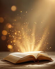 Open book on a wooden surface with magical, glowing light beams and particles emanating from the pages, creating an enchanting and mystical atmosphere. Copy space.