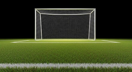Fototapeta premium Professional soccer goal illuminated under focused lights on a pristine green grass football field at night, ready for championship action and thrilling sports competition
