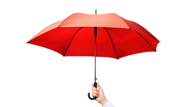 Hand holding red color umbrella isolated on transparent background