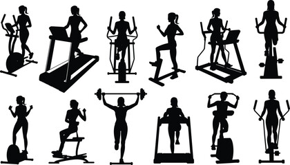 Gym workout silhouettes, treadmill exercise, elliptical training, stair stepper fitness, weightlifting poses, cardio routine, strength training, fitness equipment, active lifestyle, health