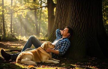 Man reclining peacefully against forest tree with loyal dog resting nearby under golden dappled light natural serene warm calm atmosphere