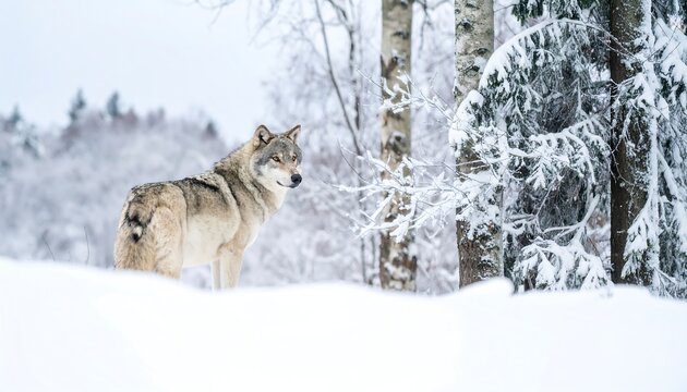 A majestic gray wolf standing in a snow-covered winter forest