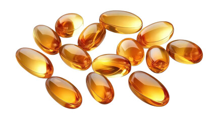 Omega 3 fish oil capsules isolated on transparent background.