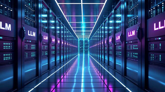 Futuristic Data Center Corridor with Glowing Neon Lights and AI LLM Server Racks in Perspective View