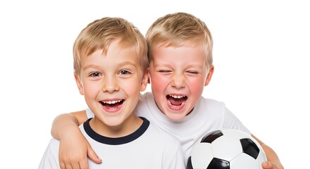 Two adorable young boys, full of joyous laughter and bright smiles, share a happy moment while holding a soccer ball, celebrating childhood fun together