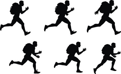Silhouette sequence of athletic man running with backpack showing dynamic motion phases, sports training, travel adventure, fitness lifestyle vector illustration