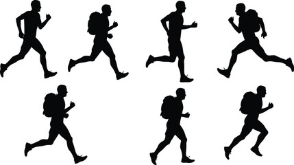Silhouette sequence of running man with backpack showing athletic motion stages, dynamic jogging poses, fitness training, sports exercise, outdoor activity illustration