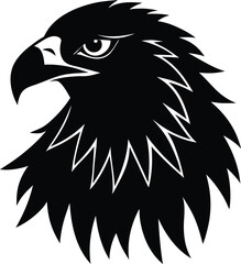 Black vector cartoon eagle head with a feathered beak for a tattoo or logo illustration of a wild animal symbol