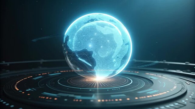 Futuristic holographic Earth globe displaying global connectivity and big data processing on a dark background - Powered by Adobe