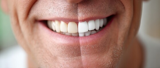 Obraz premium Smiling man showing before and after teeth whitening transformation in a bright indoor setting