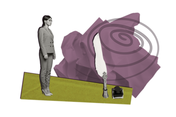 Creative collage young pretty businesswoman manager agent stand seal corporate worker cutouts fragments drawing background