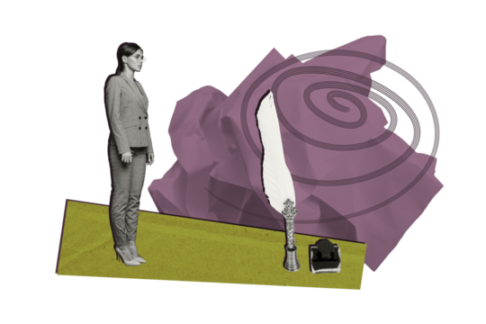 Creative collage young pretty businesswoman manager agent stand seal corporate worker cutouts fragments drawing background