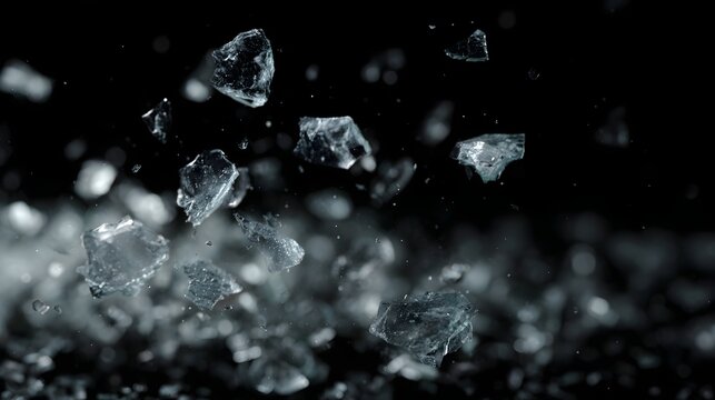 Sharp glass shards suspended and scattering in dramatic light against a dark background