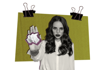 Composite photo collage of serious businesswoman hold crumpled paper work failure idea problem isolated on painted background