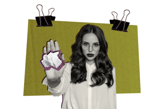 Composite photo collage of serious businesswoman hold crumpled paper work failure idea problem isolated on painted background